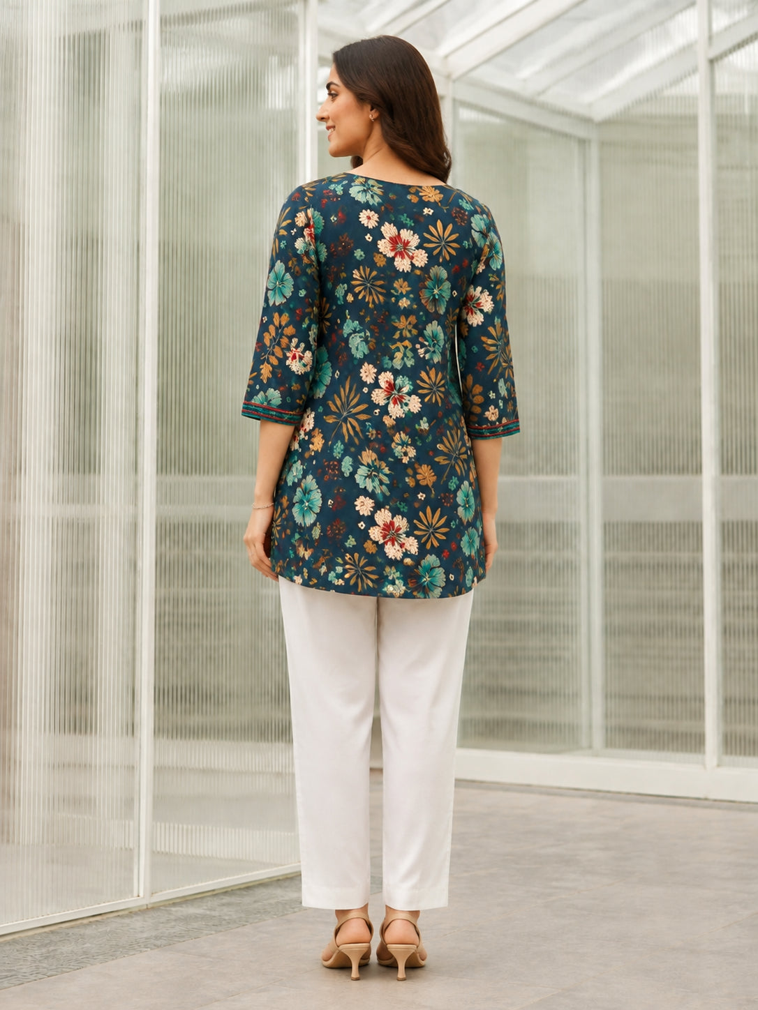 Peachmode Teal Blue Rayon Floral Printed Embroidered Top - Image 4