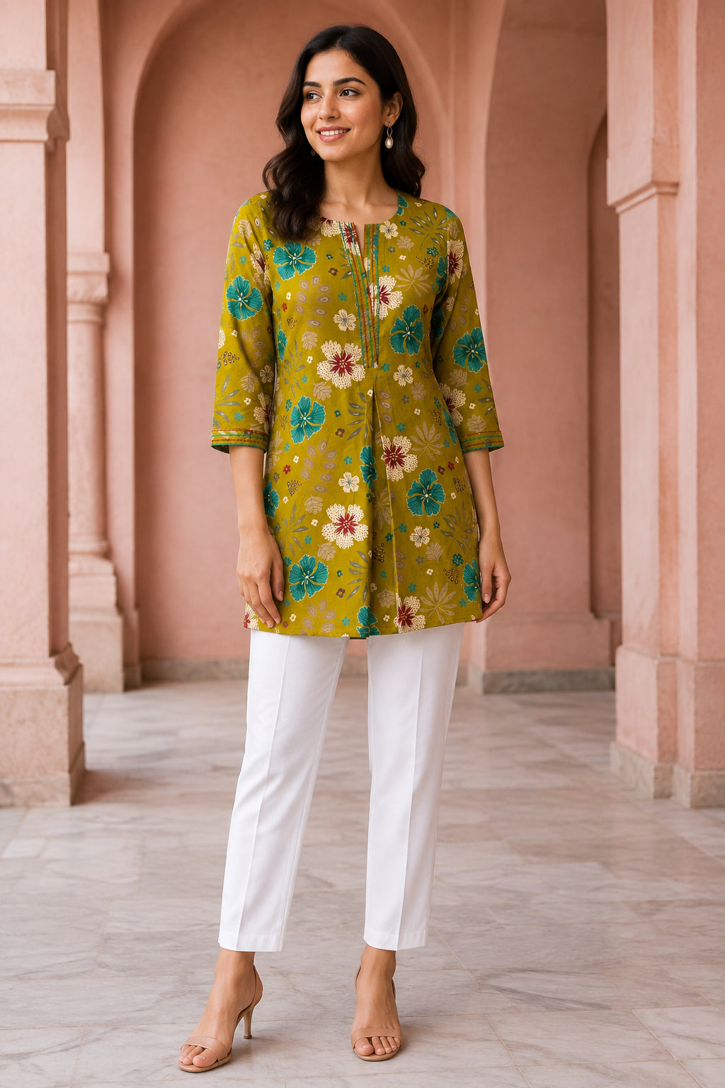 Peachmode Liril Green Rayon Floral Printed Embroidered Top - Image 1