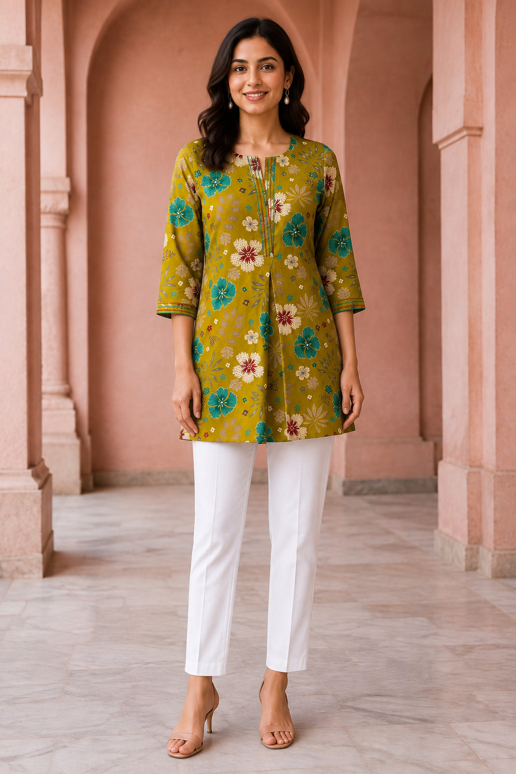 Peachmode Liril Green Rayon Floral Printed Embroidered Top - Image 2