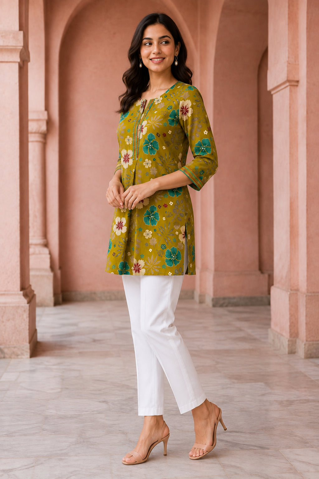 Peachmode Liril Green Rayon Floral Printed Embroidered Top - Image 3