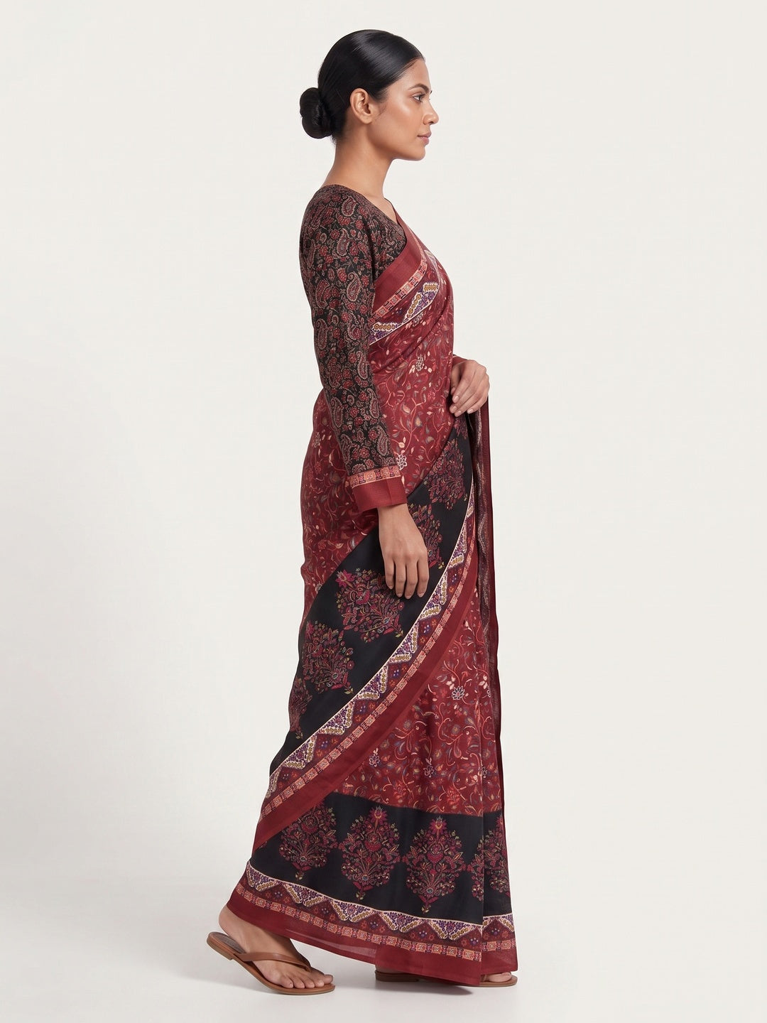 Maroon Floral Digital Printed Pashmina Saree - Image 6
