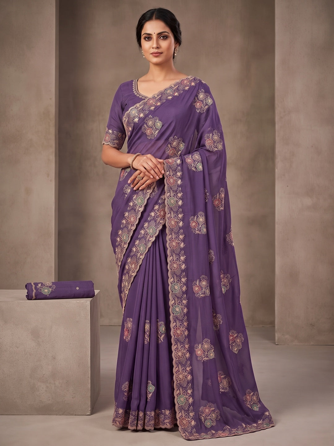 Peachmode Purple Georgette Kanak Vol 1 Embroidered Saree - Image 4