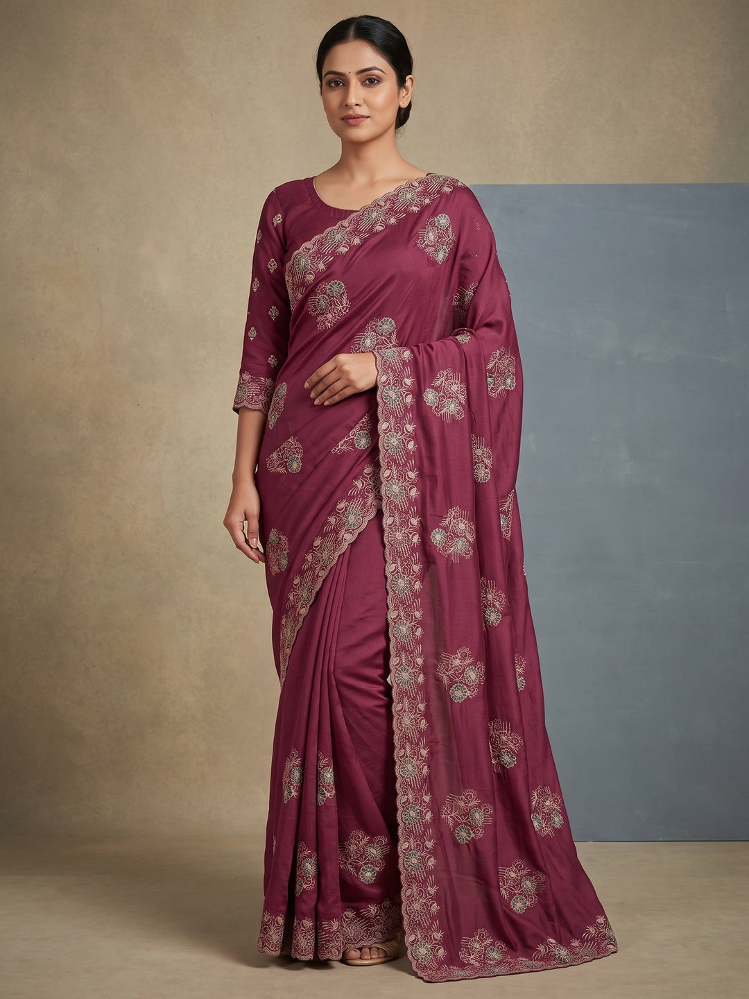 Peachmode Wine Georgette Kanak Vol 1 Embroidered Saree - Image 1