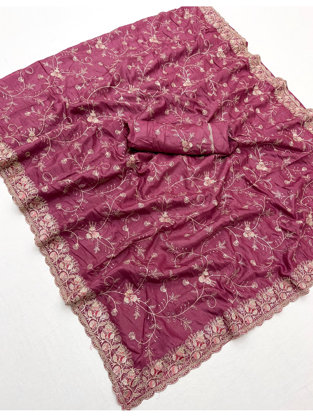Peachmode Wine Georgette Kanak Vol 2 Embroidered Saree - Image 3