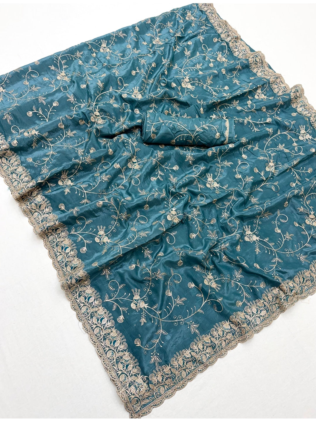 Peachmode Teal Blue Georgette Kanak Vol 2 Embroidered Saree - Image 2