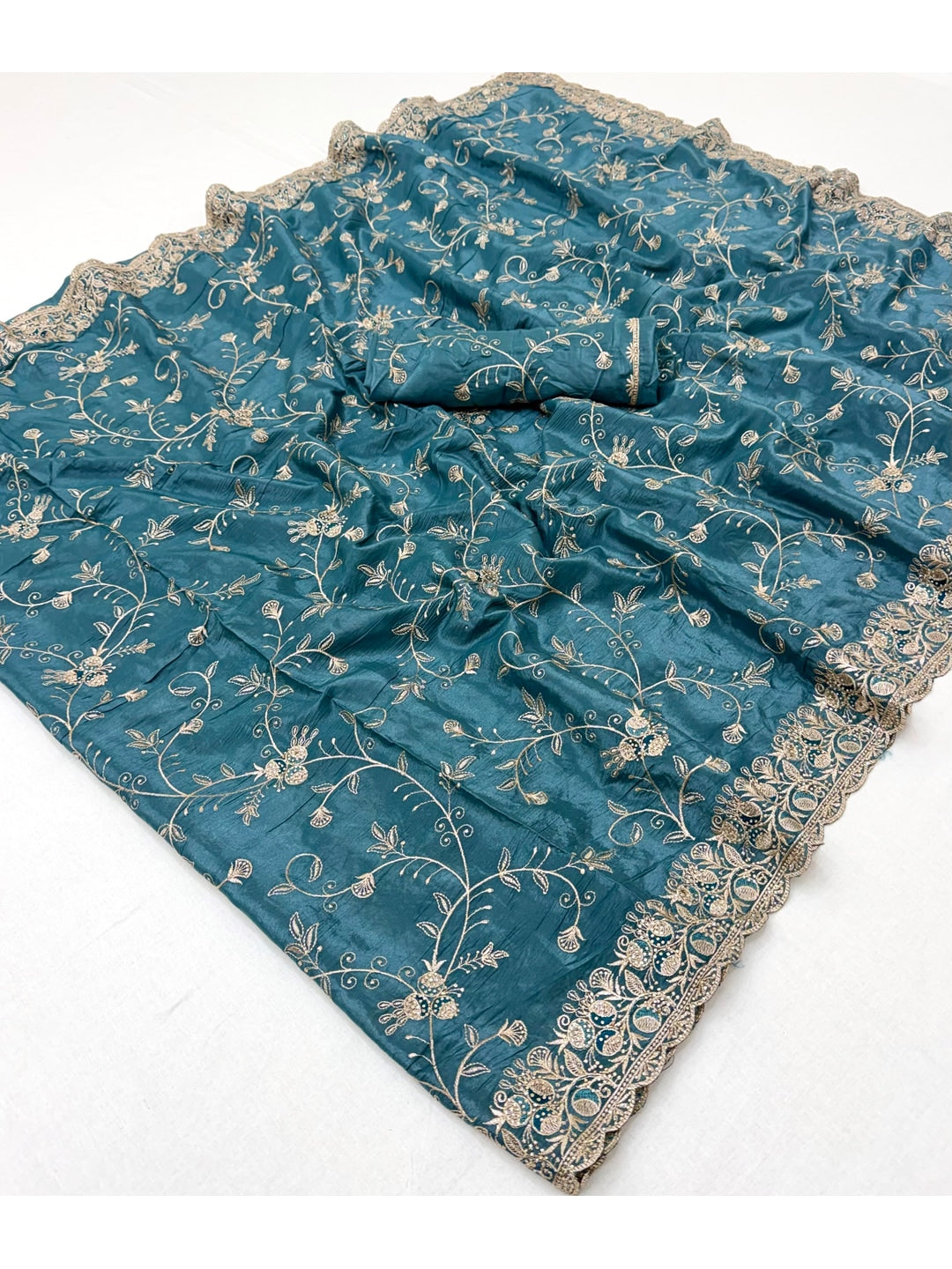Peachmode Teal Blue Georgette Kanak Vol 2 Embroidered Saree - Image 3