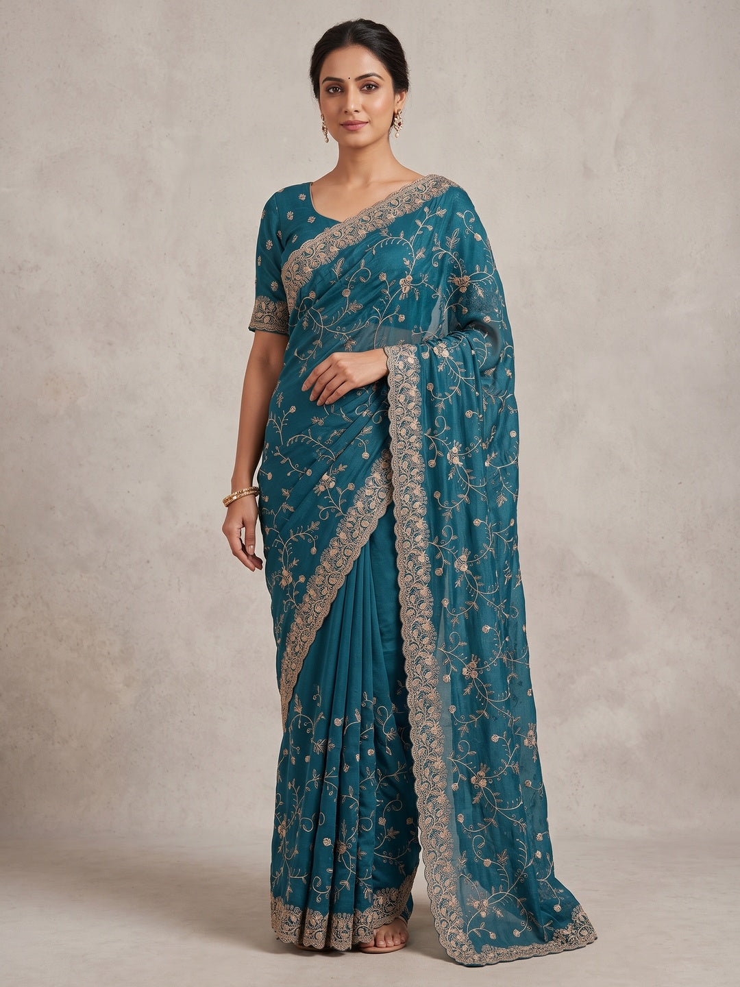 Peachmode Teal Blue Georgette Kanak Vol 2 Embroidered Saree - Image 1