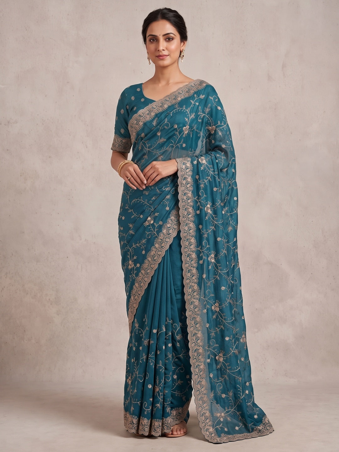 Peachmode Teal Blue Georgette Kanak Vol 2 Embroidered Saree - Image 5