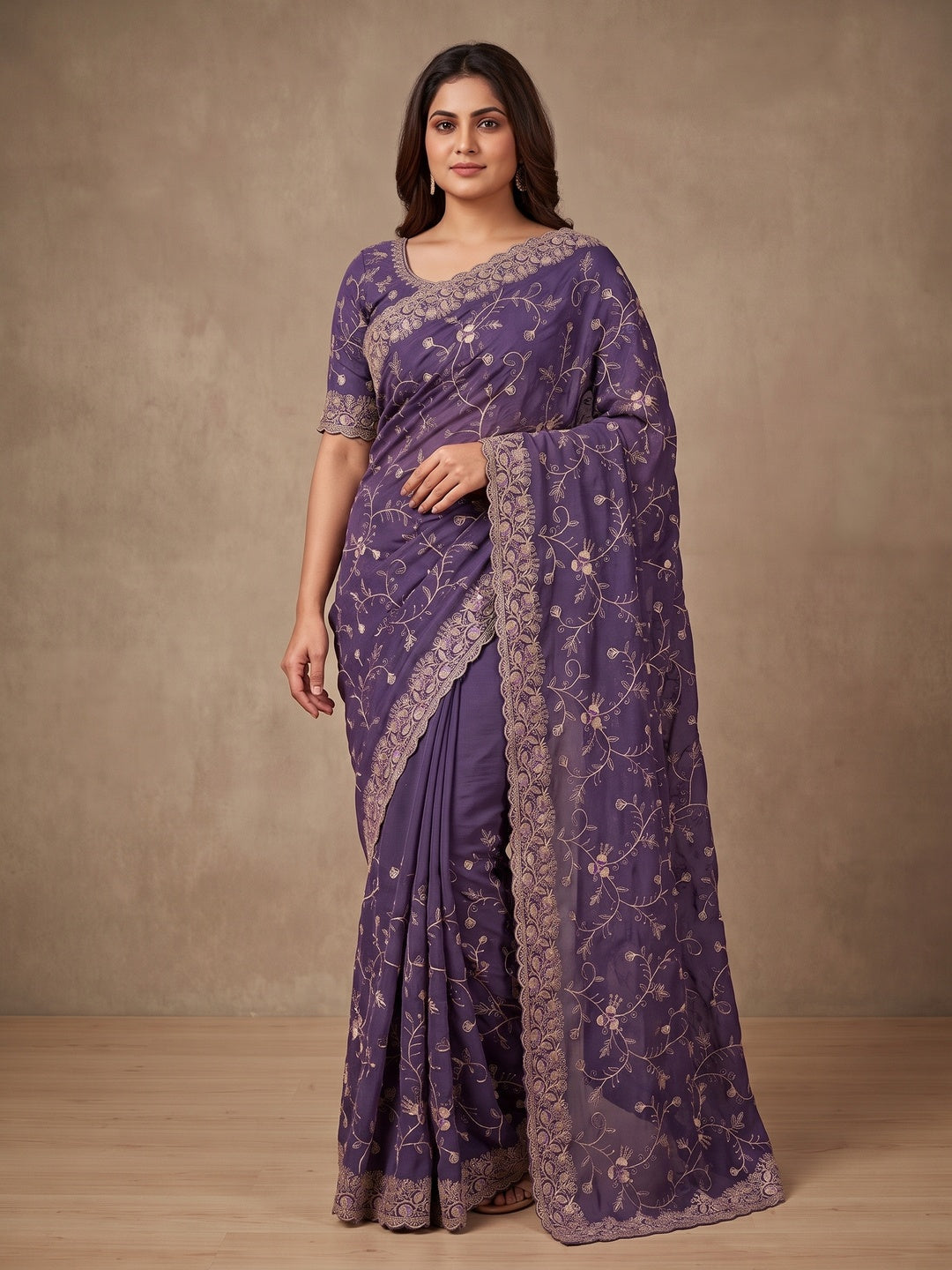 Peachmode Purple Georgette Kanak Vol 2 Embroidered Saree - Image 4