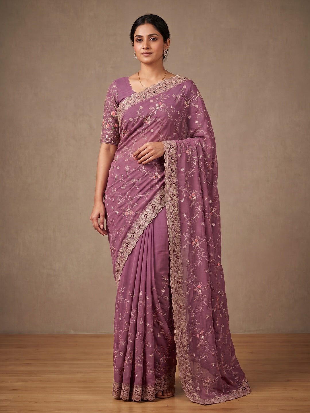 Peachmode Mauve Georgette Kanak Vol 2 Embroidered Saree - Image 4