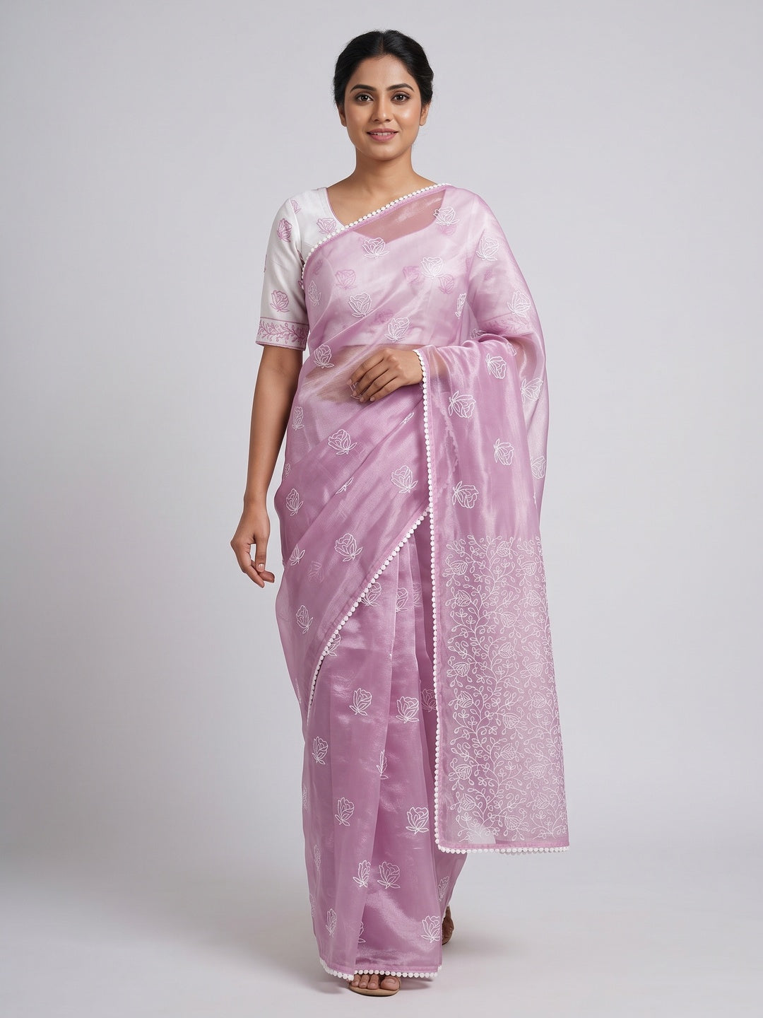 Pink Floral Embroidered Net Saree - Image 2