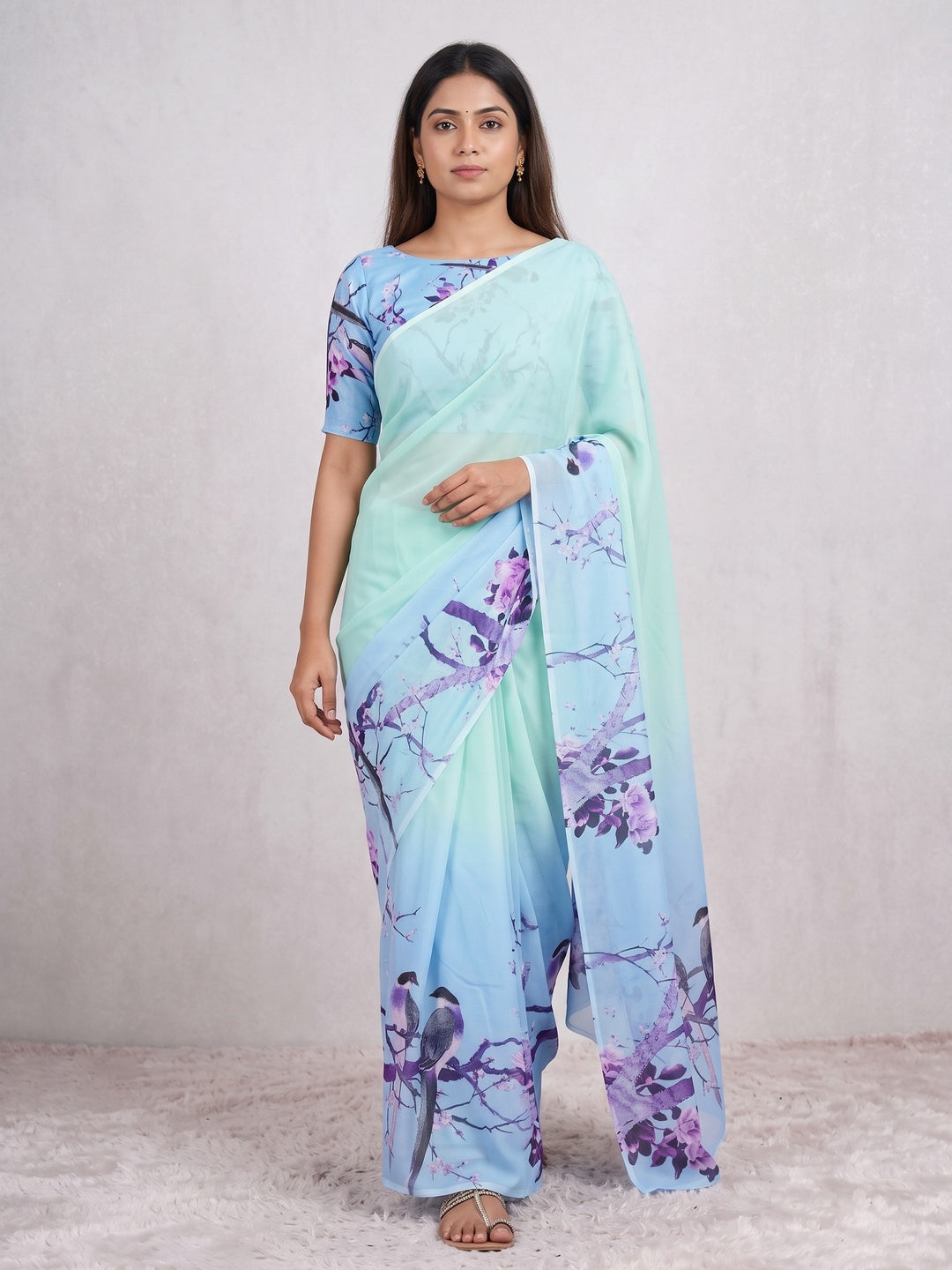 Light Turquoise Sparkle Star Georgette Saree Adorned With Floral & Bird Digital Prints - Image 2