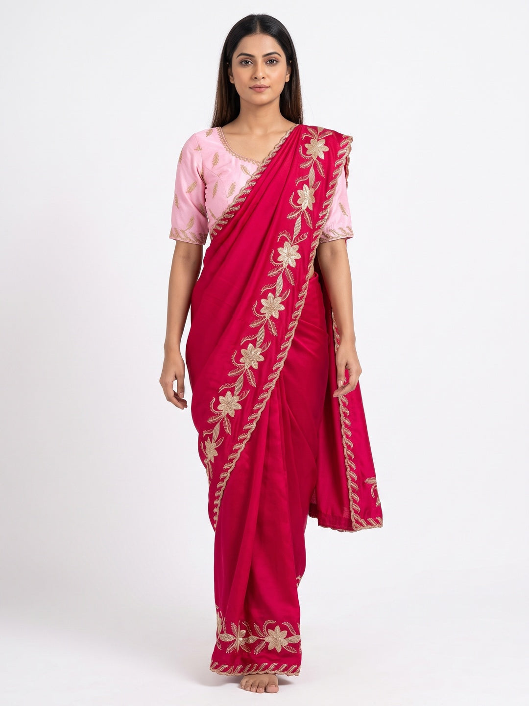 Pink Sequins Work Embroidered Satin Saree for Special Occasions - Image 2
