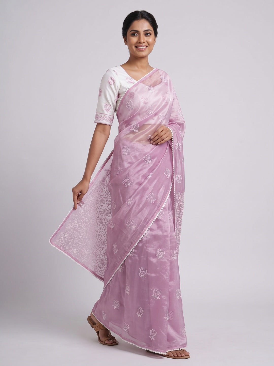 Pink Floral Embroidered Net Saree - Image 1