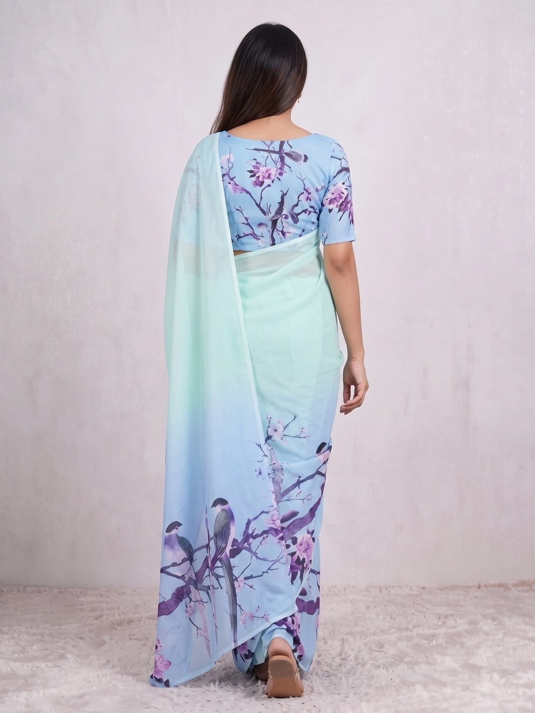 Light Turquoise Sparkle Star Georgette Saree Adorned With Floral & Bird Digital Prints - Image 3