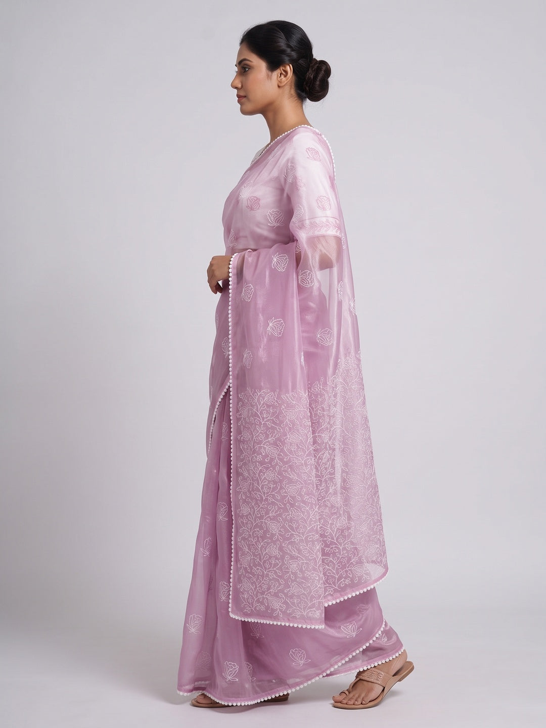 Pink Floral Embroidered Net Saree - Image 4