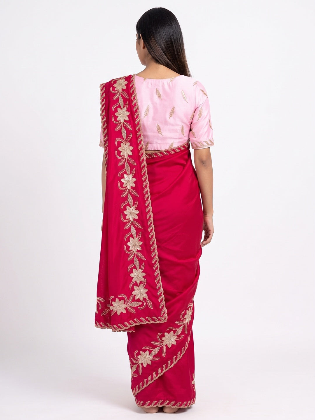 Pink Sequins Work Embroidered Satin Saree for Special Occasions - Image 3