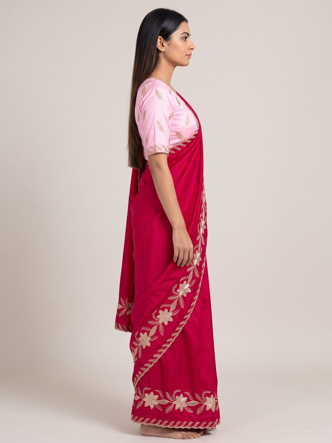 Pink Sequins Work Embroidered Satin Saree for Special Occasions - Image 4