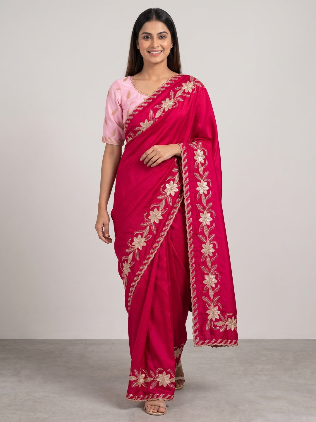 Pink Sequins Work Embroidered Satin Saree for Special Occasions - Image 1