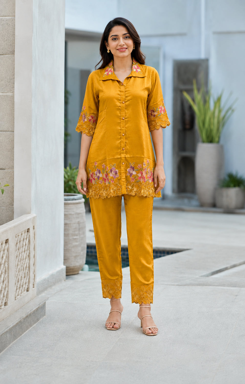 Peachmode Mustard Yellow Chinon Blend Floral Embroidered Top Bottom Set - Image 2
