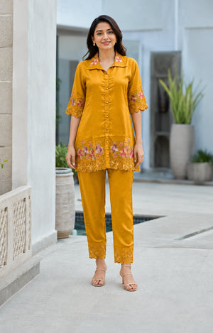Peachmode Mustard Yellow Chinon Blend Floral Embroidered Top Bottom Set - Image 2