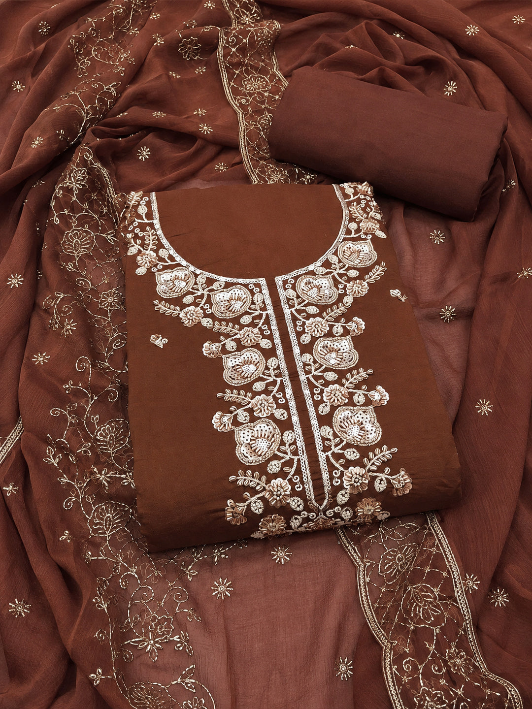 Peachmode Brown Unstitched Dress Material - Image 1