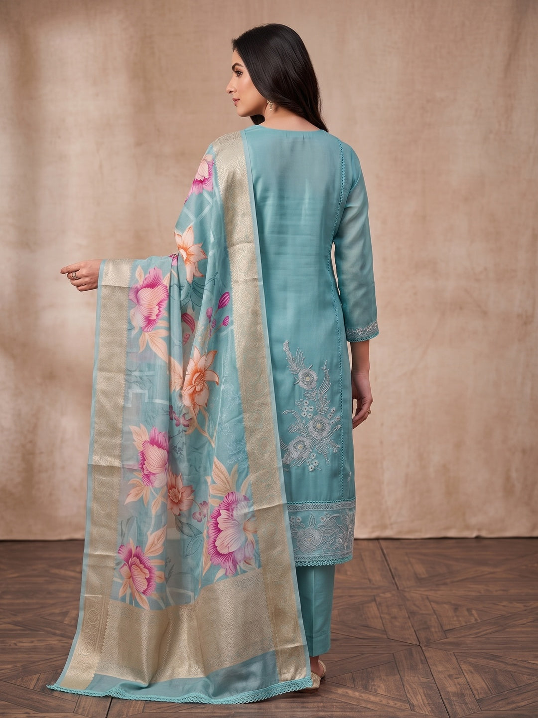 Peachmode Turquoise Unstitched Dress Material - Image 5