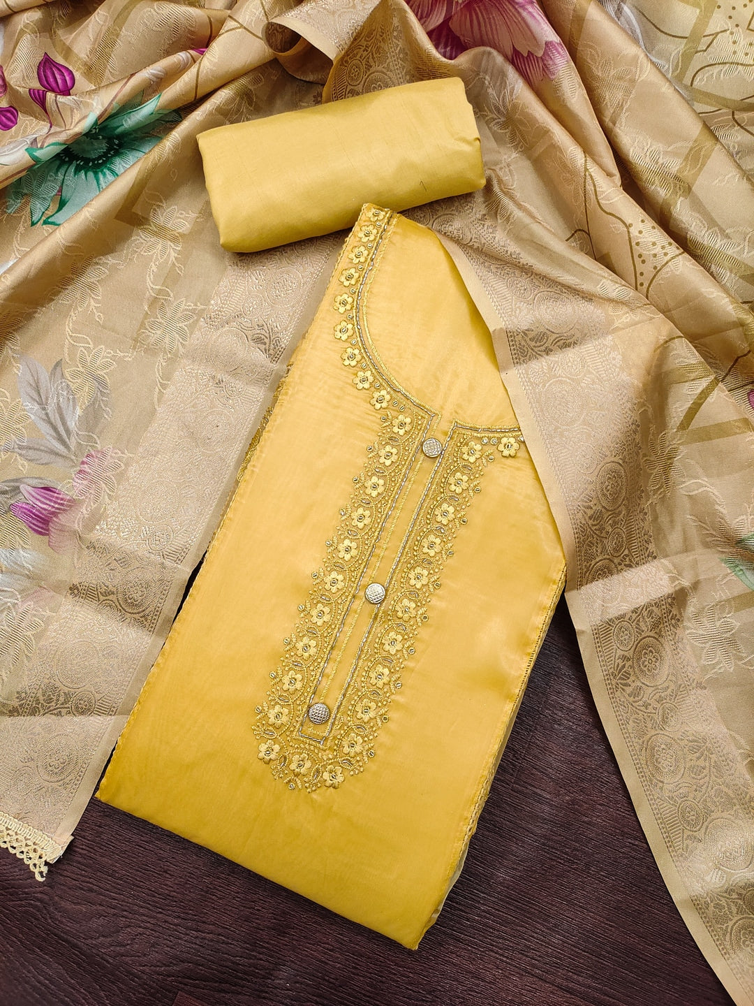 Peachmode Yellow Unstitched Dress Material - Image 1