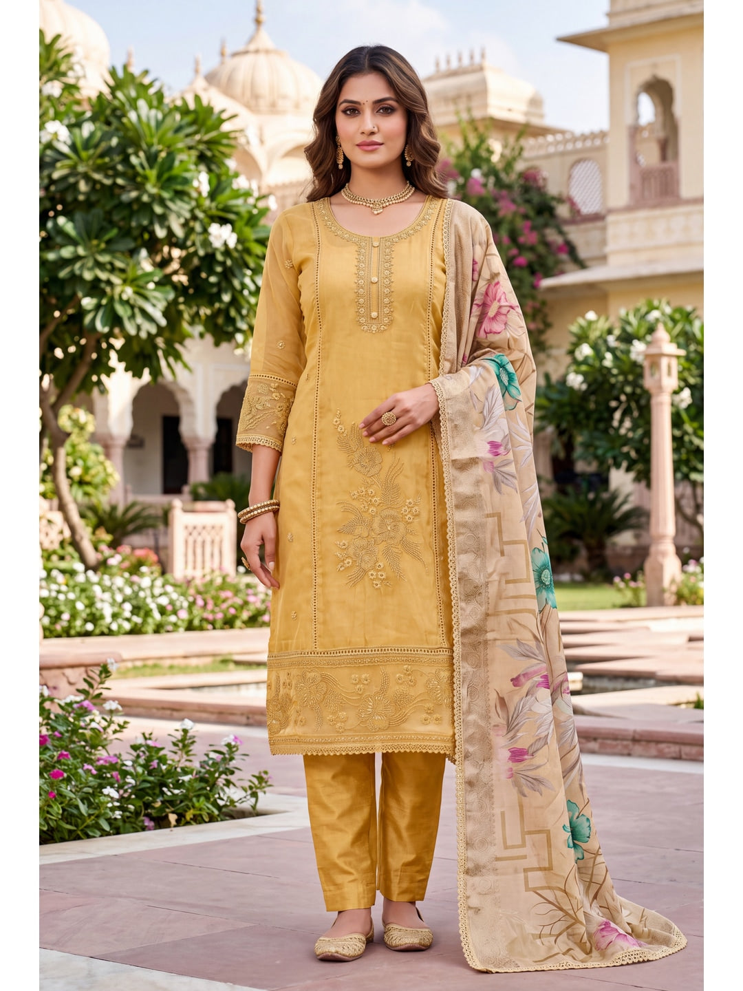 Peachmode Yellow Unstitched Dress Material - Image 3
