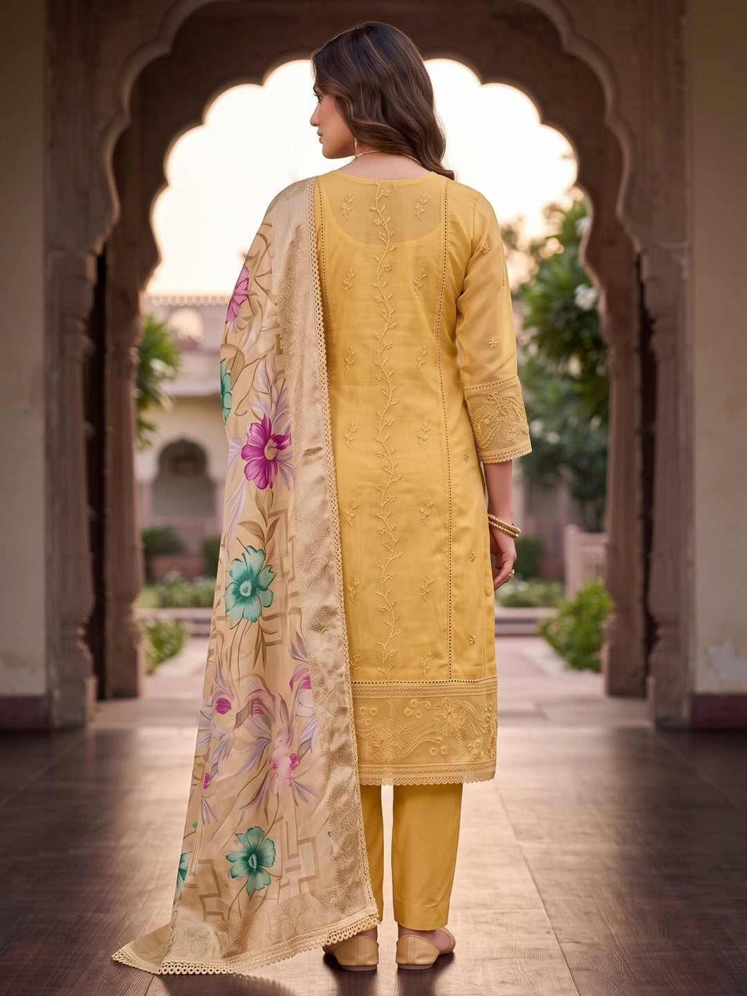 Peachmode Yellow Unstitched Dress Material - Image 5