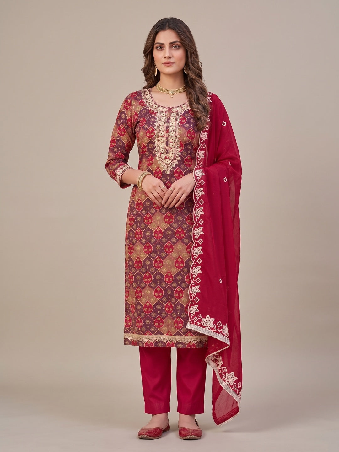 Peachmode Red Unstitched Dress Material - Image 4