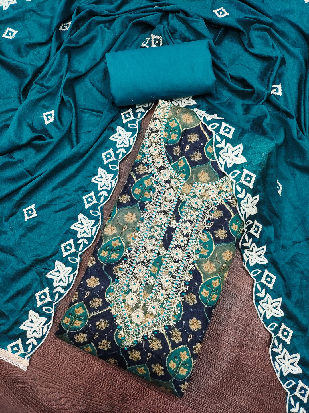 Peachmode Turquoise Unstitched Dress Material - Image 1