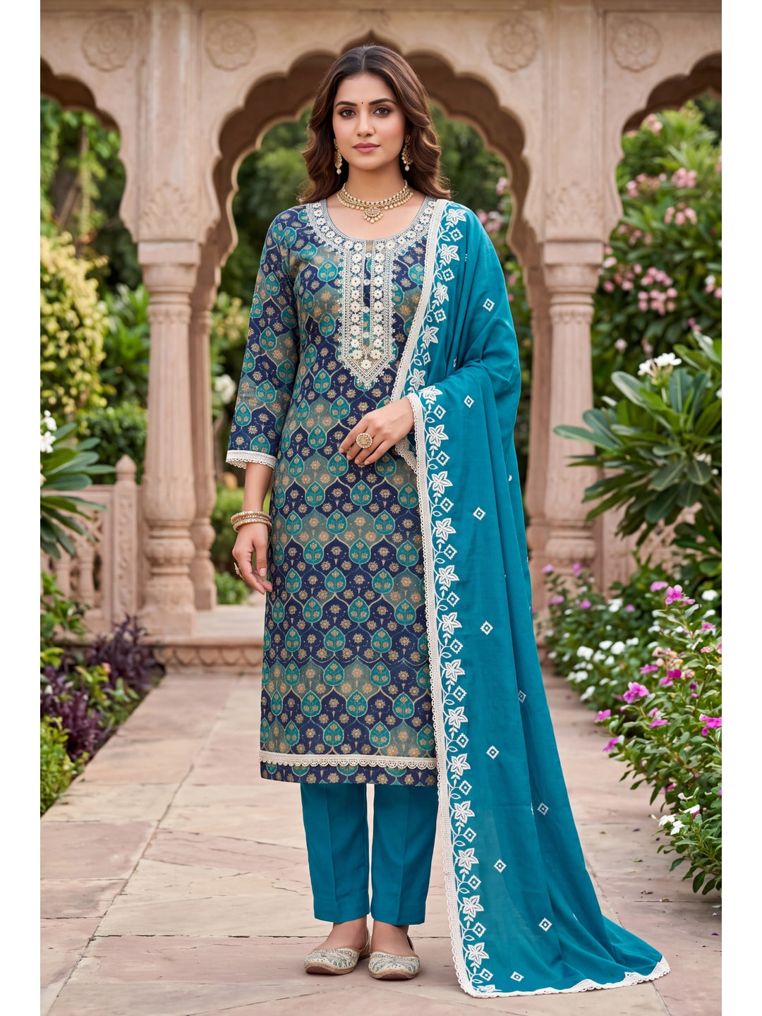Peachmode Turquoise Unstitched Dress Material - Image 3