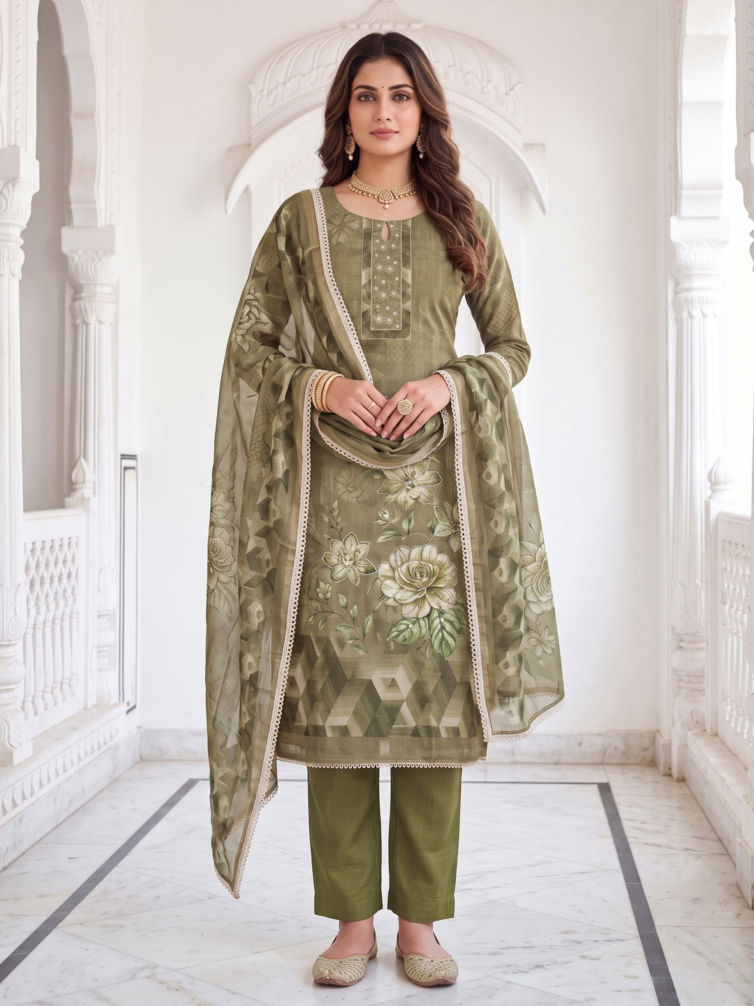 Peachmode Olive Unstitched Dress Material - Image 2