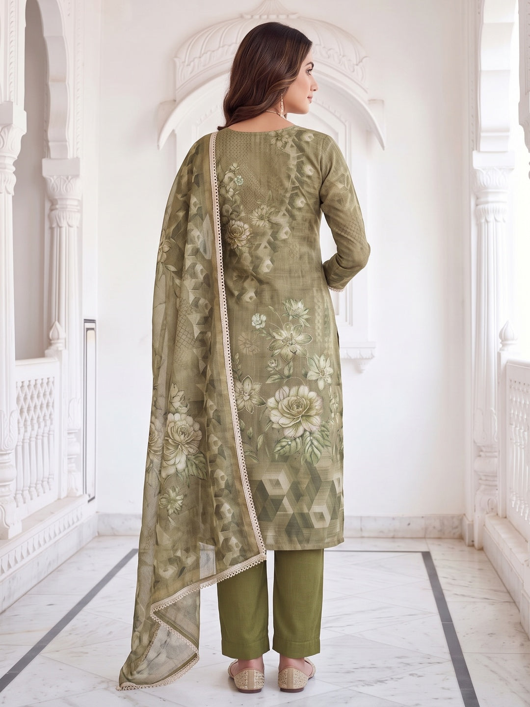 Peachmode Olive Unstitched Dress Material - Image 5