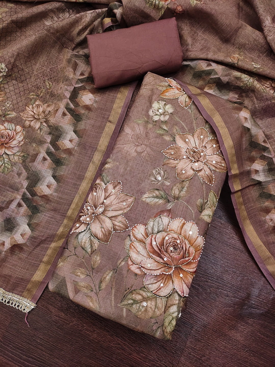 Peachmode Brown Unstitched Dress Material - Image 1