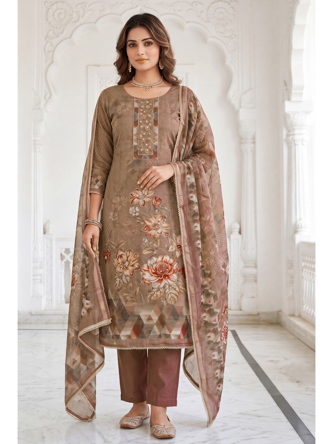 Peachmode Brown Unstitched Dress Material - Image 3