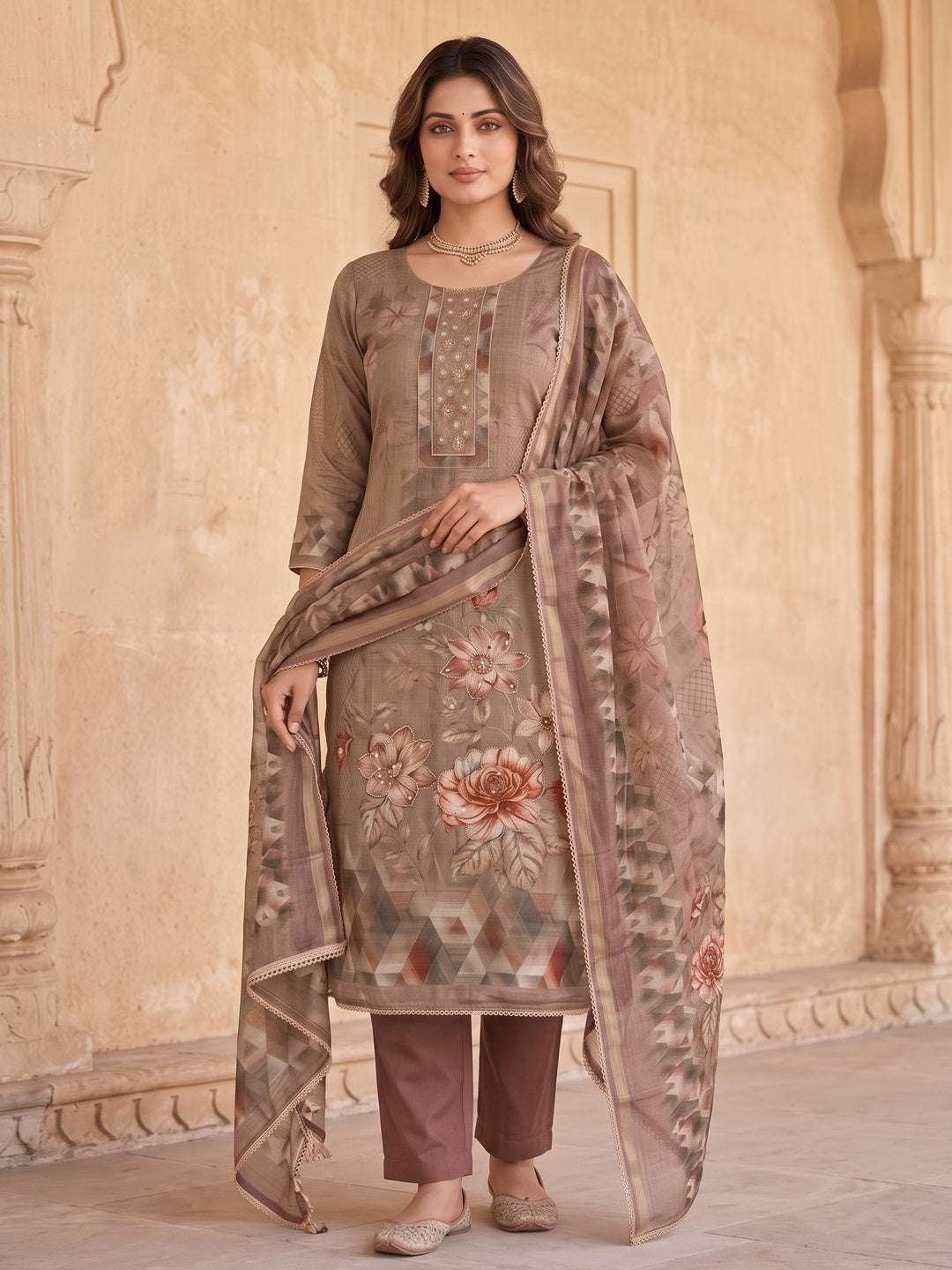 Peachmode Brown Unstitched Dress Material - Image 4