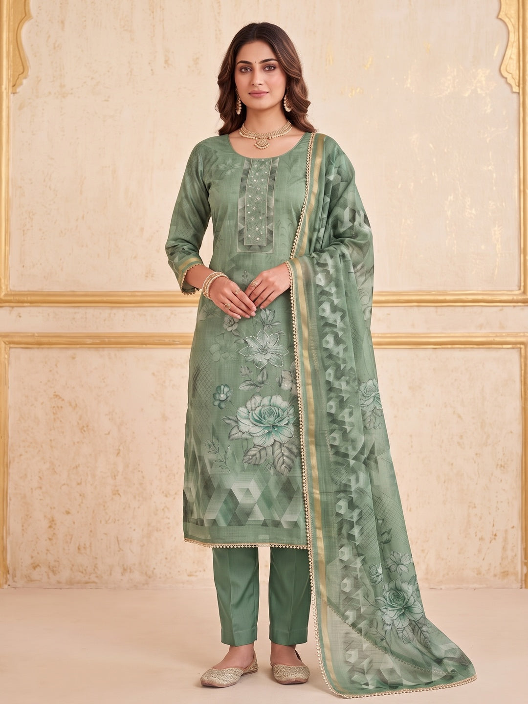 Peachmode Green Unstitched Dress Material - Image 4