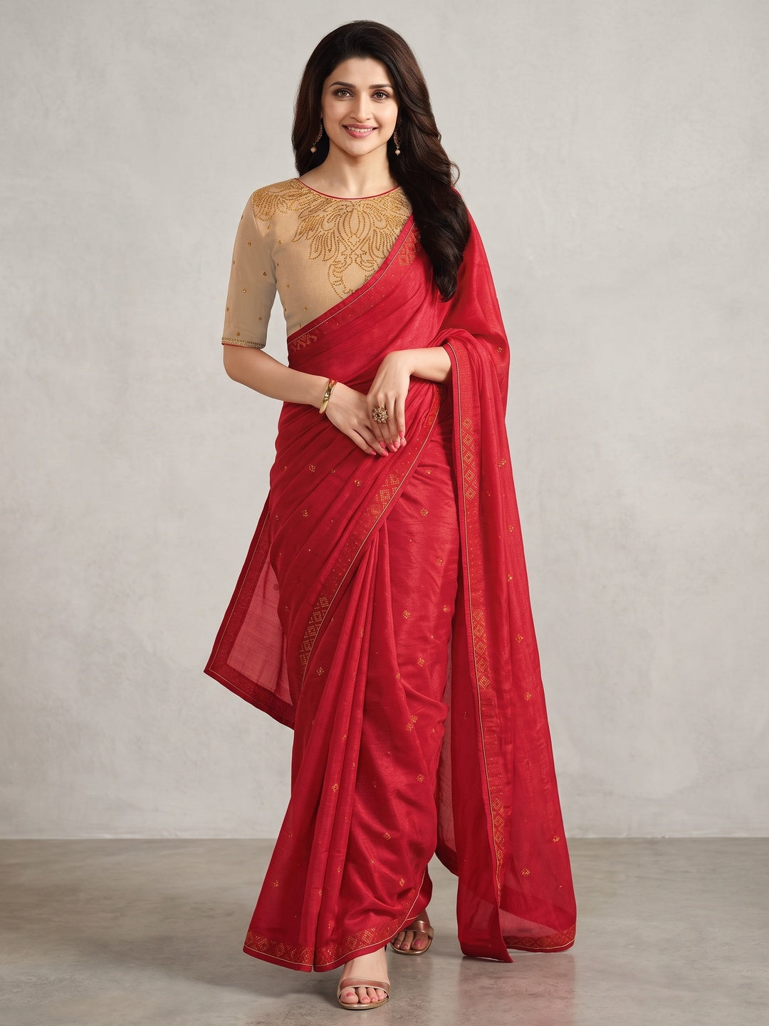 Red Swarovski Work Art Silk Saree - Image 1
