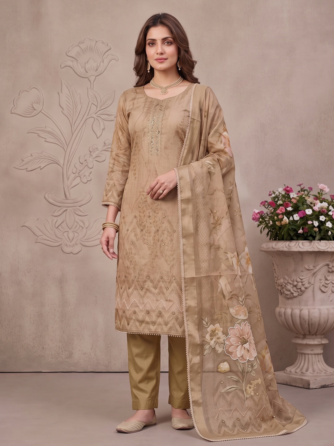 Peachmode Chikoo Unstitched Dress Material - Image 4