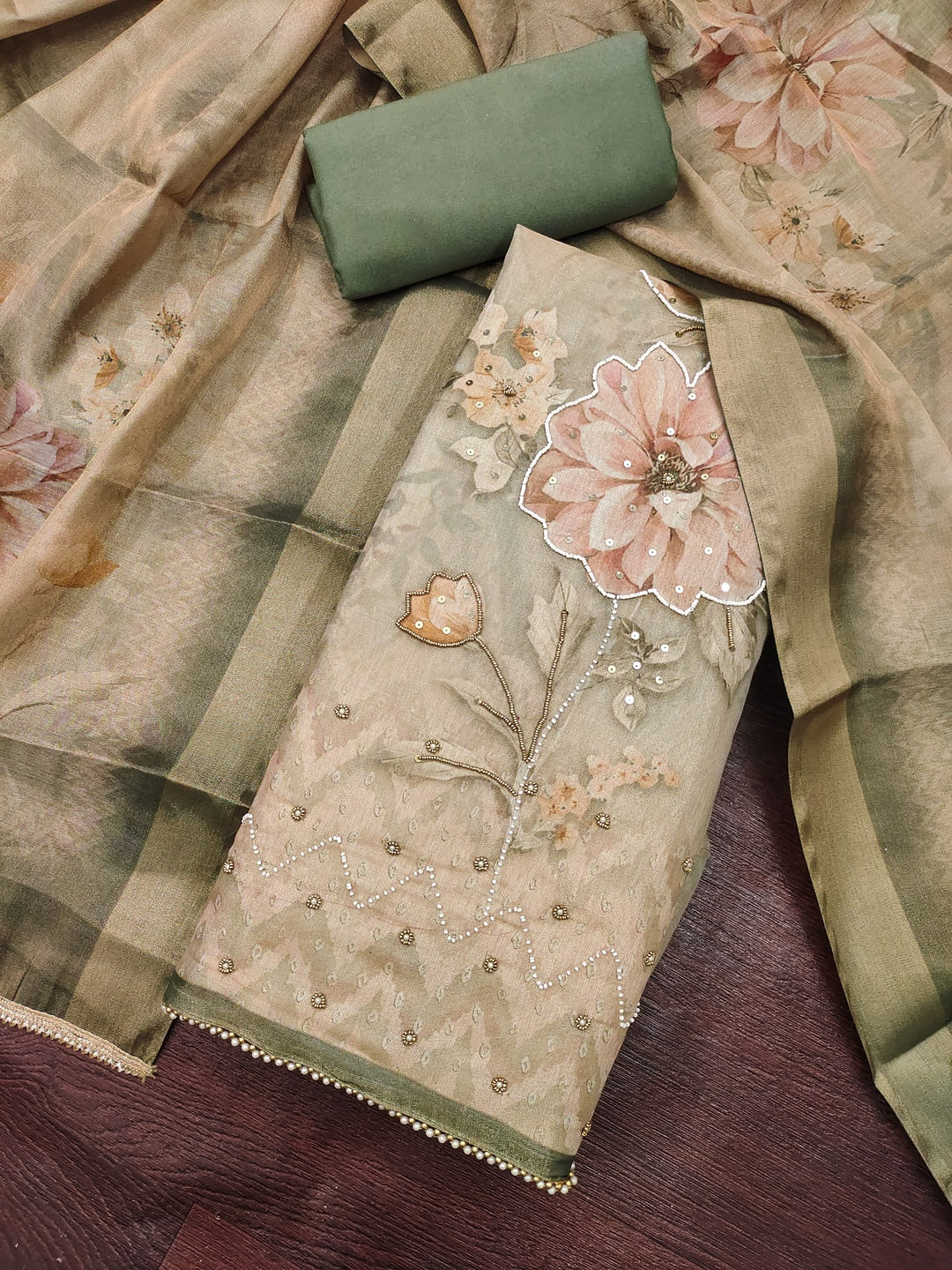 Peachmode Green Unstitched Dress Material - Image 1