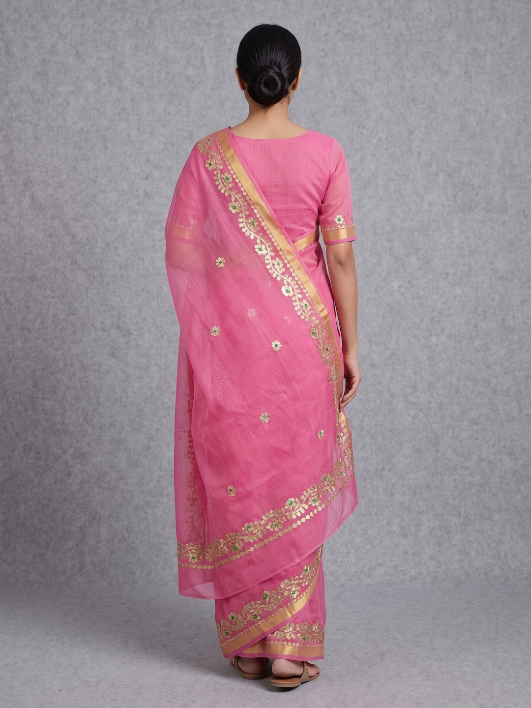 Graceful Pink Kota Doria Saree Adorned With Delicate Floral Gota Patti & Zari Weaving Border - Image 2