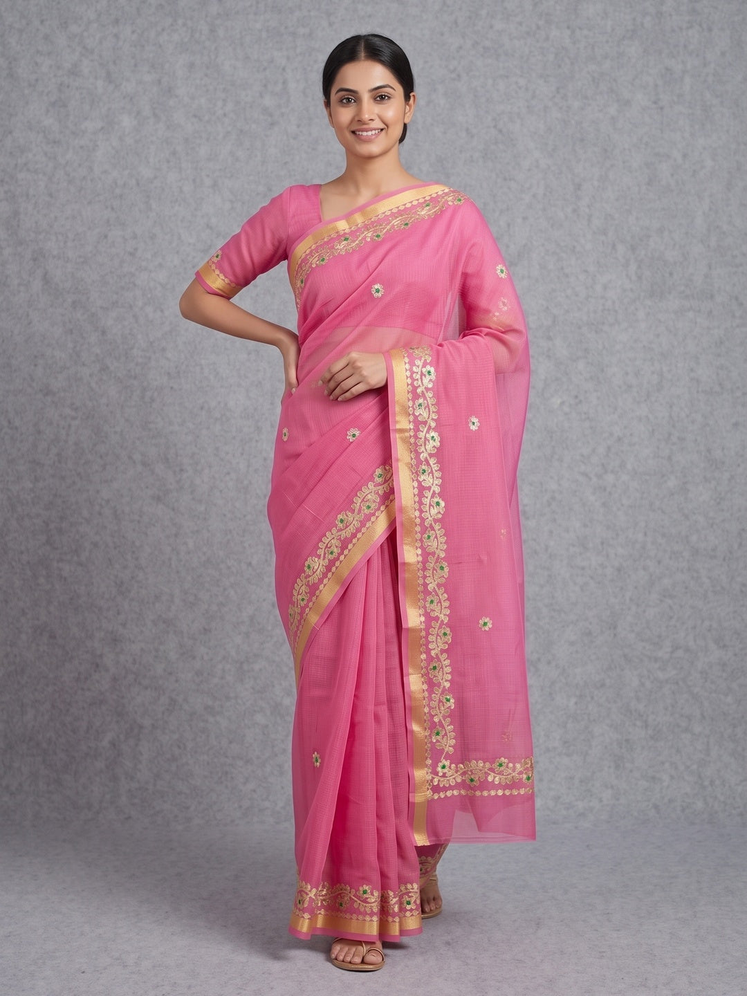 Graceful Pink Kota Doria Saree Adorned With Delicate Floral Gota Patti & Zari Weaving Border - Image 4