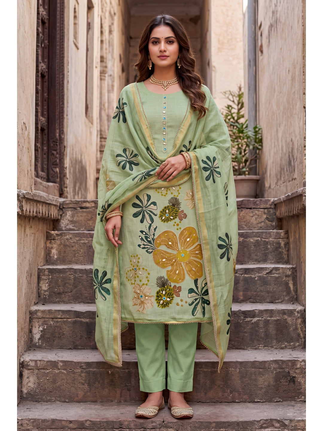 Peachmode Green Unstitched Dress Material - Image 3
