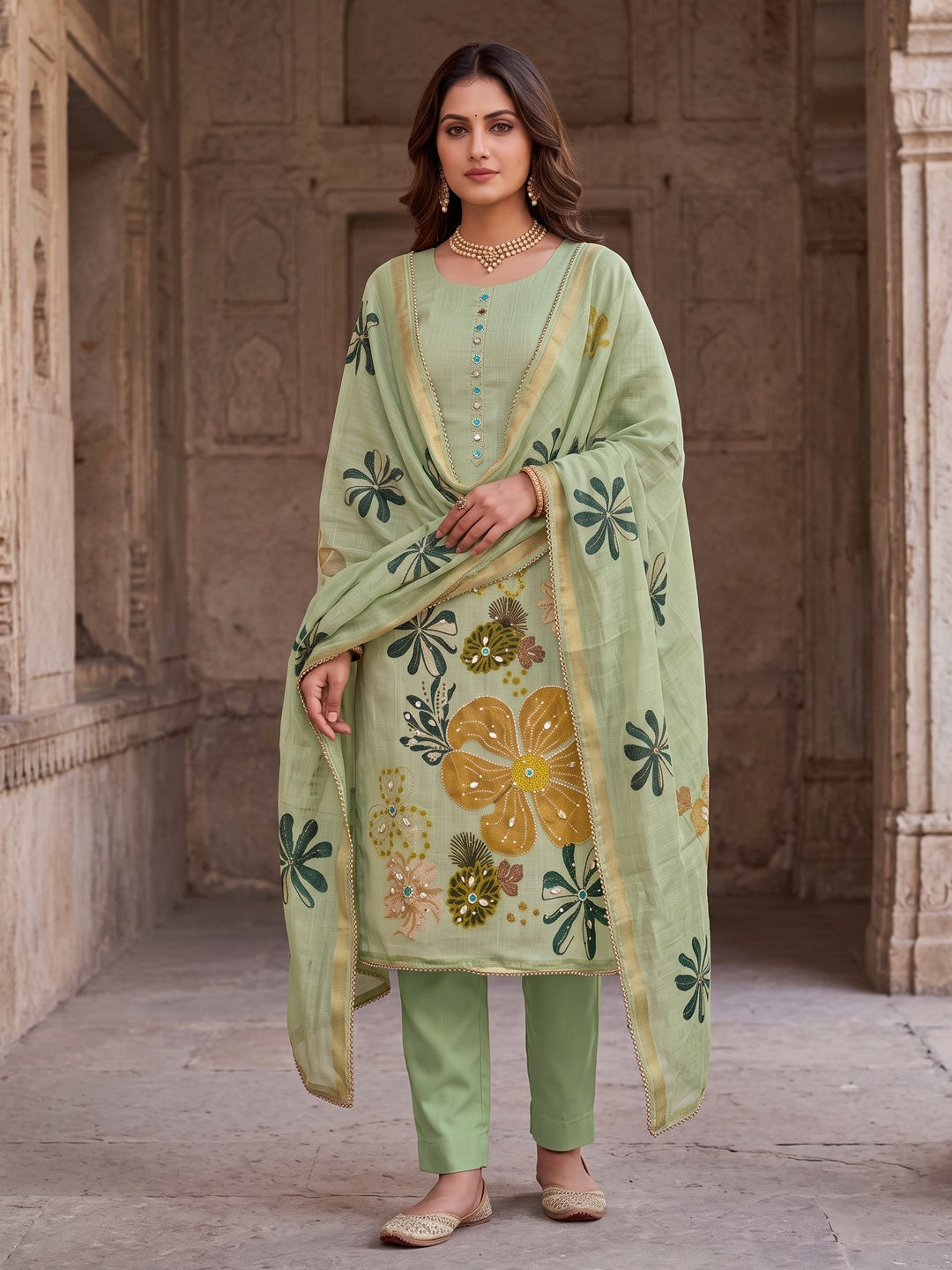 Peachmode Green Unstitched Dress Material - Image 2