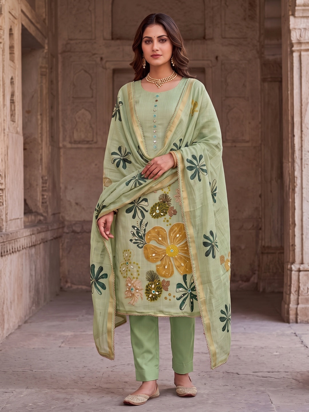 Peachmode Green Unstitched Dress Material - Image 4