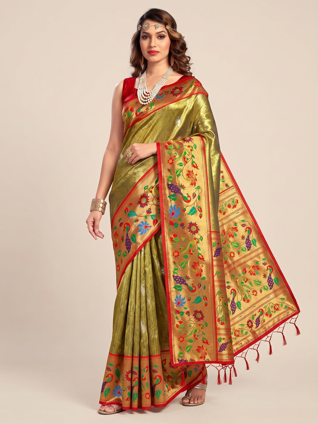 Mehendi Green Woven Raw Silk Paithani Saree With Tassels - Image 6