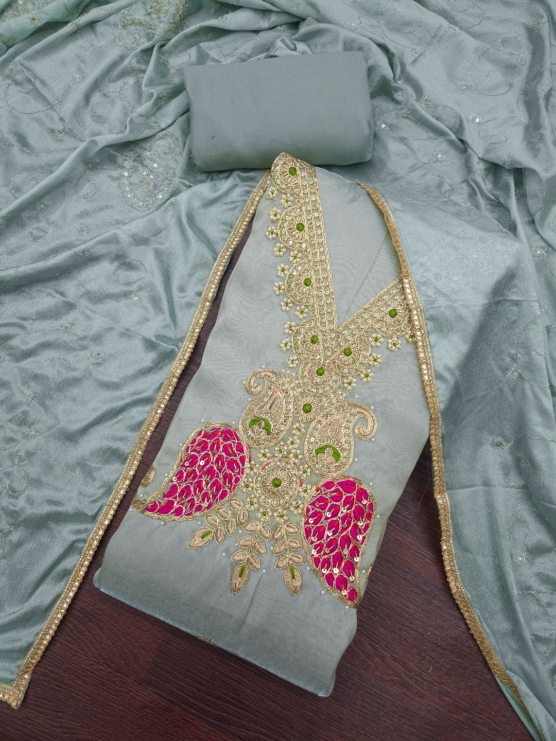 Peachmode Turquoise Unstitched Dress Material - Image 1