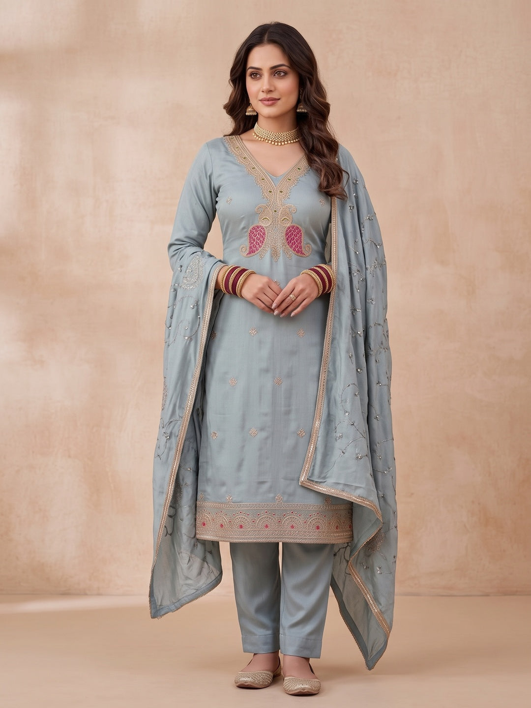 Peachmode Turquoise Unstitched Dress Material - Image 2